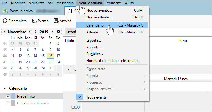 Interfaccia di Thunderbird con menu Eventi e attività aperto e opzione Calendario selezionata per aggiungere un nuovo calendario